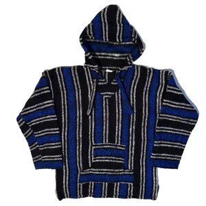 Baja Mexican Poncho Hoodie Pullover Blue Drug Rug Medium Surfer Skater
